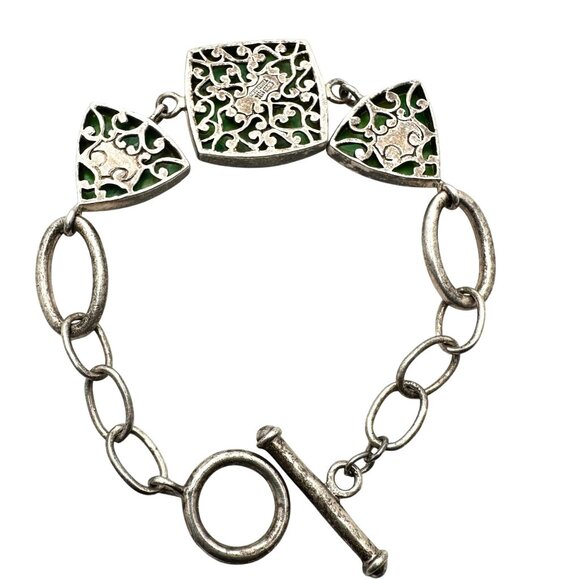 Hallmarked NK Sterling Silver Green Turquoise  Bracelet 31 Grams 8 Inch - Picture 2 of 6